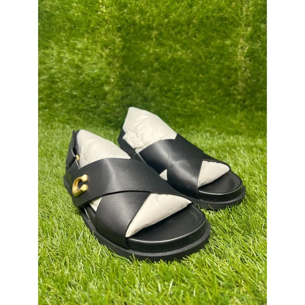 NWB COACH Size 5B Sculpted C Criss Cross Sandals Black CFG40